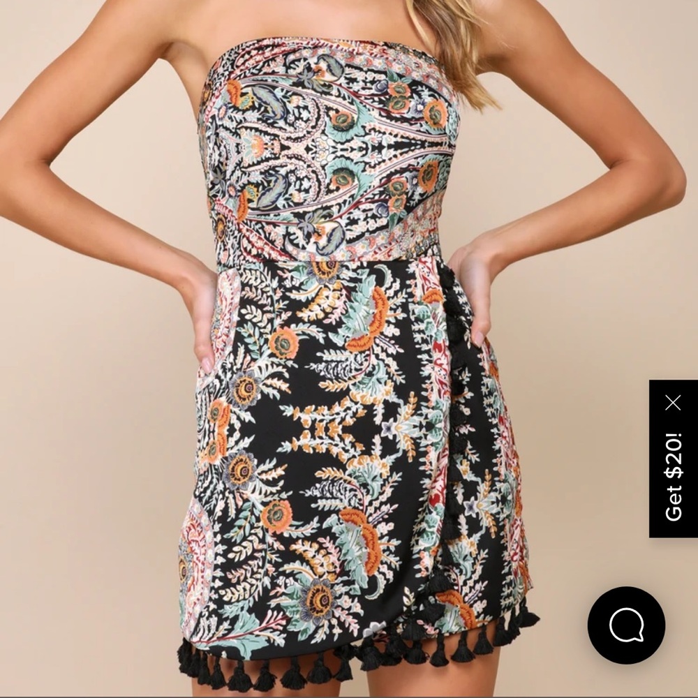 Lulu's Black Strapless Floral Print Tassel-Hem Romper